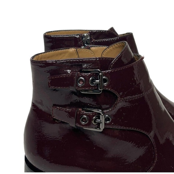 Franco Sarto Riddick Booties Burgundy Plum Patent Leather Side Zip Buckles 8.5 - Picture 3 of 11